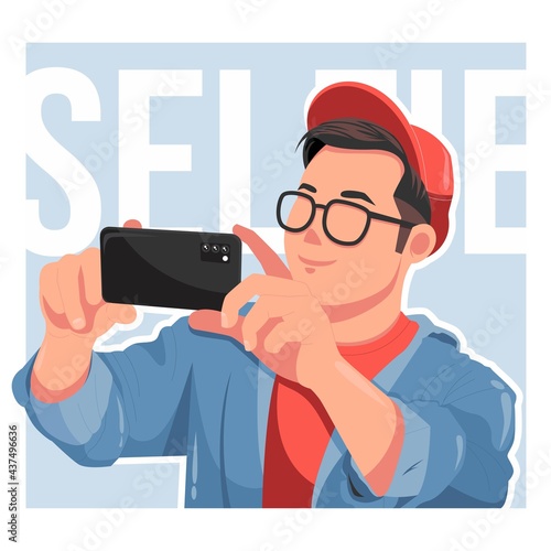 Man takes a photo using camera smart phone vector illustration