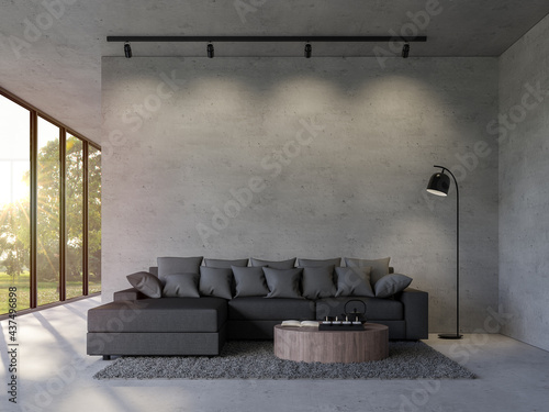 Fototapeta Naklejka Na Ścianę i Meble -  Modern loft style living room with empty concrete wall 3d render,there are polished concrete floor decorate with black fabric furniture overlooking nature view with sunlight.