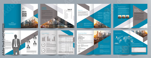 Corporate business presentation guide brochure template, Annual report, 16 page minimalist flat geometric business brochure design template, A4 size.