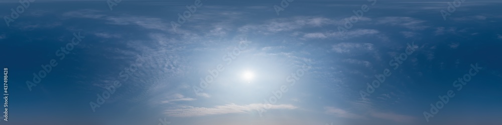 Blue sky panorama with Cirrus clouds in Seamless spherical equirectangular format. Full zenith for use in 3D graphics, game and editing aerial drone 360 degree panoramas for sky replacement. Blue sky panorama with Cirrus clouds in Seamless spherical equirectangular format. Full zenith for use in 3D graphics, game and editing aerial drone 360 degree panoramas for sky replacement.