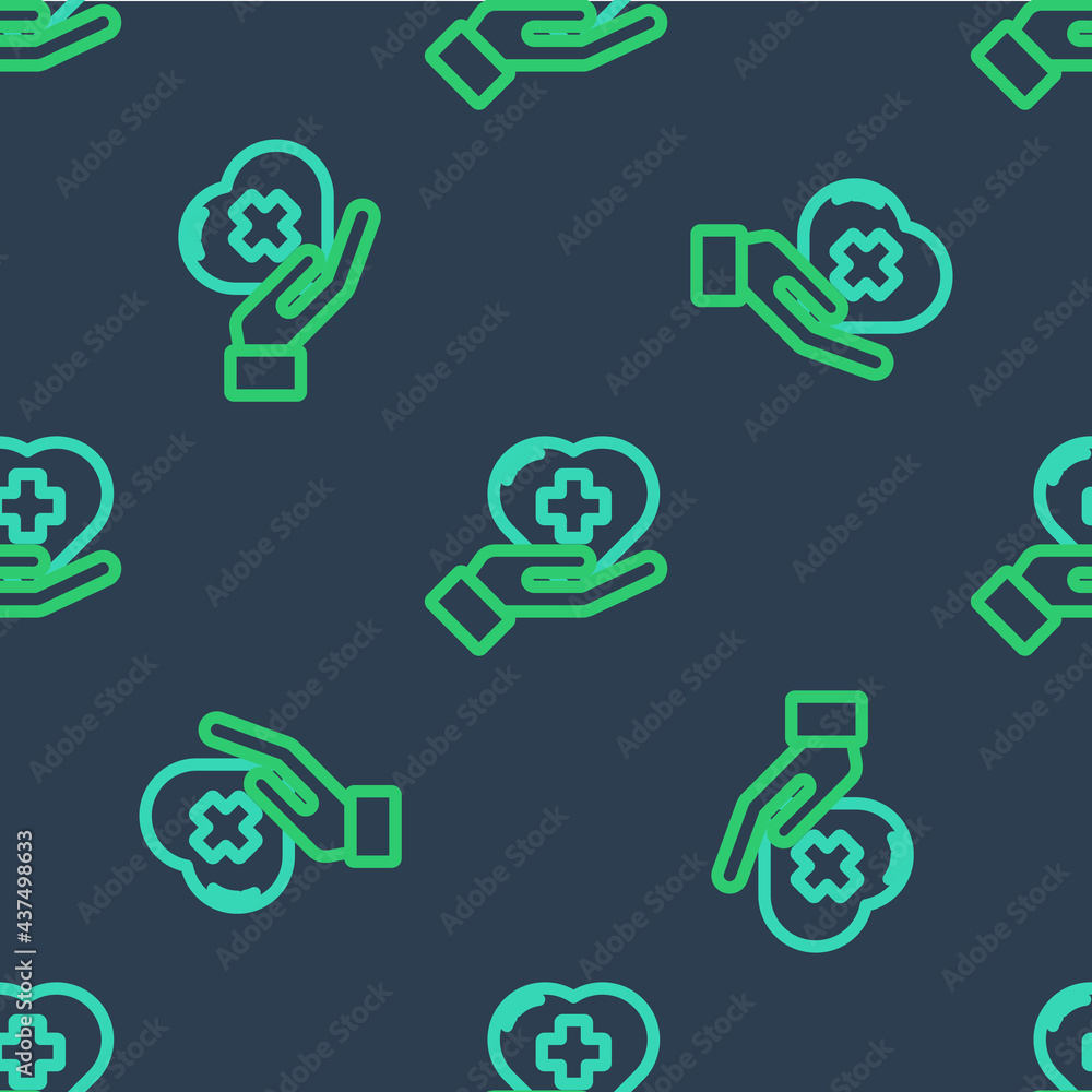 Line Heart with a cross icon isolated seamless pattern on blue background. First aid. Healthcare, medical and pharmacy sign. Vector Line Heart with a cross icon isolated seamless pattern on blue background. First aid. Healthcare, medical and pharmacy sign. Vector