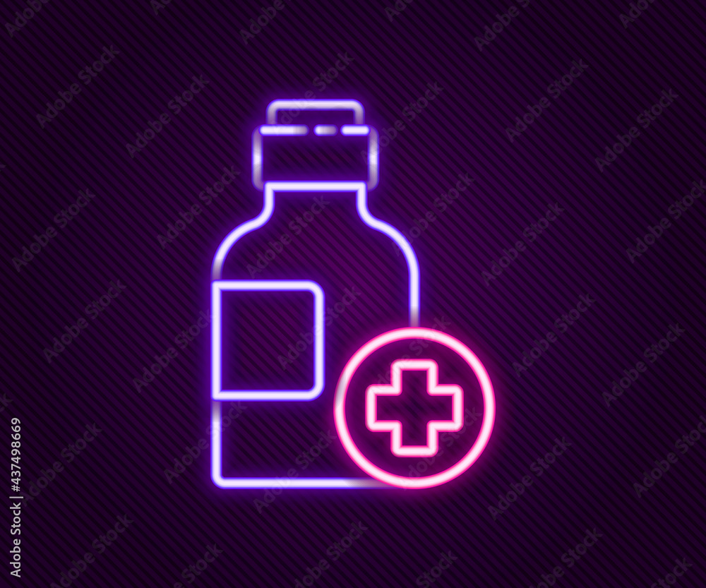 Glowing neon line Bottle of medicine syrup icon isolated on black background. Colorful outline concept. Vector Glowing neon line Bottle of medicine syrup icon isolated on black background. Colorful outline concept. Vector