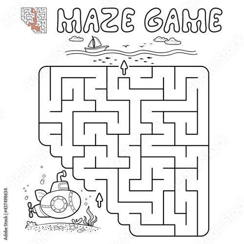 Maze puzzle game for children. Outline maze or labyrinth game with submarine.