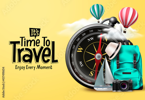 Travel time vector design. It's time to travel text in yellow empty space with traveler compass elements for international trip and tour exploration. Vector illustration.