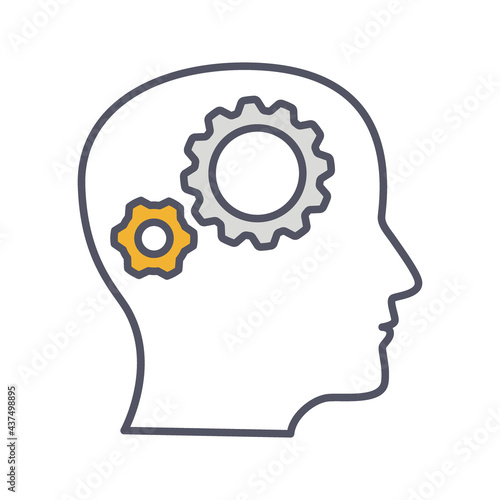Development solution thin Line Icon. Gear in human dead innovation logo. Vect...