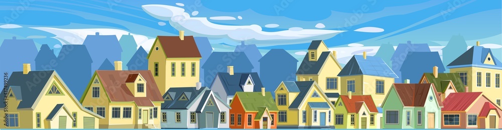 A village or a small rural town. Small houses. Street in a cheerful cartoon flat style. Small cozy suburban cottages. Clouds and sky. Vector.
