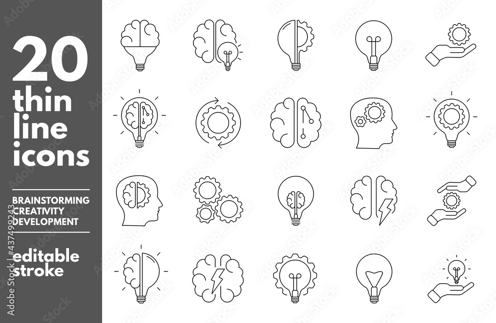 Brainstorm thin line icons set. Artificial light, brain, lightbulb, creative, Development, knowledge, brainstorming, brainstorm solution Editable stroke. Vector Illustration