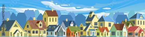 A village or a small rural town. Small houses. Street in a cheerful cartoon flat style. Small cozy suburban cottages. Clouds and sky. Vector.