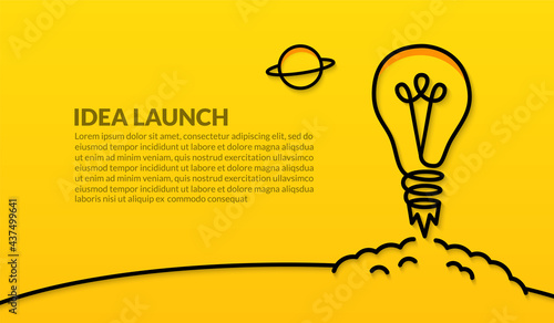 Light bulb launching to space on yellow background, Creative ideas for business startup concept