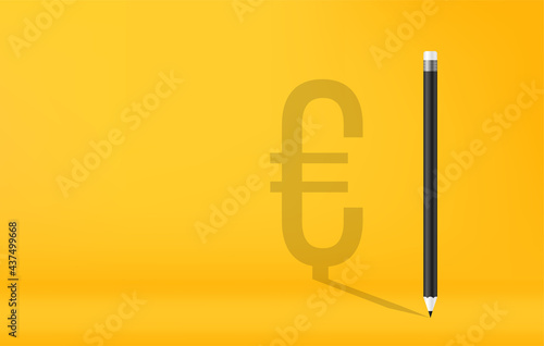 Pencils with euro currency symbol shadow on yellow background