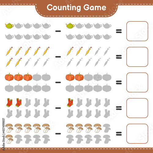 Counting game, count the number of Tea Pot, Umbrella, Pumpkin, Socks, Shiitake and write the result. Educational children game, printable worksheet, vector illustration