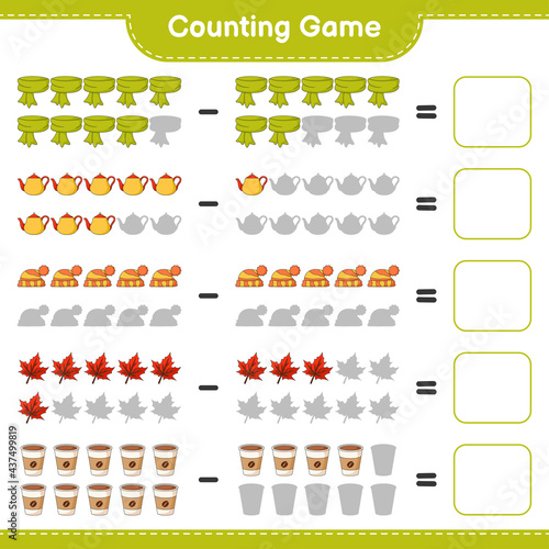 Counting game, count the number of Scarf, Tea Pot, Hat, Maple Leaf, Coffee Cup and write the result. Educational children game, printable worksheet, vector illustration © Pure Imagination
