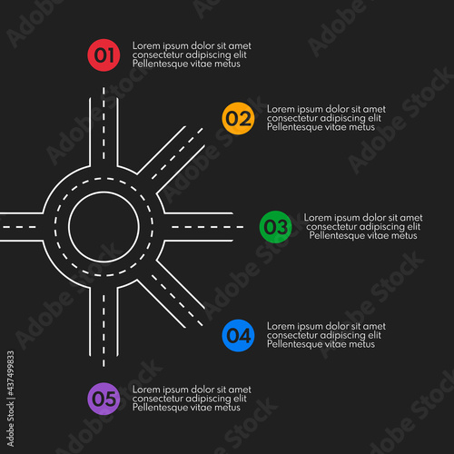 road line with ring crossroad and 5 different exits, vector infographics template, dark background