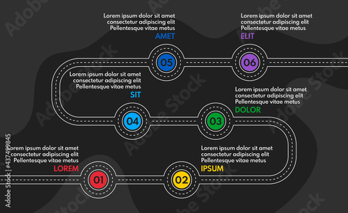 6 steps road map or timeline progress infographic, vector template, dark background