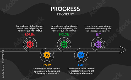 5 steps road map or timeline progress infographic, vector template, dark background