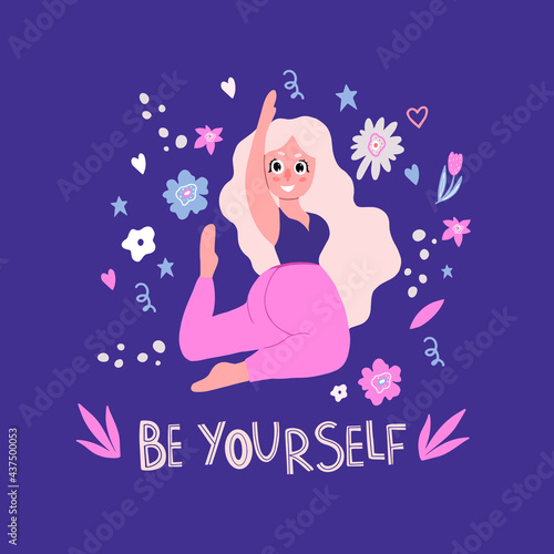 Plus-size woman. Girl Power. Feminism. Doodle style. The body is positive. A beautiful plump girl is engaged in fitness. Love yourself. Love your body. Flat doodle style. The girl does a body stretch.