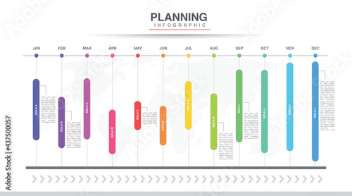 Year planner, 12 months, 1 year, Timeline infographics design vector and Presentation business can be used for Business concept with 12 options, steps or processes, goal in graph