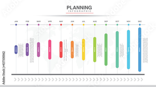 Year planner, 12 months, 1 year, Timeline infographics design vector and Presentation business can be used for Business concept with 12 options, steps or processes, goal in graph