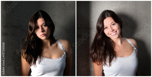Two portraits of a beautiful young brunette woman in front of a gray wall, left photo with sad expression, right photo looking happy