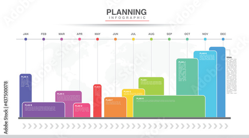 Year planner, 12 months, 1 year, Timeline infographics design vector and Presentation business can be used for Business concept with 12 options, steps or processes, goal in graph