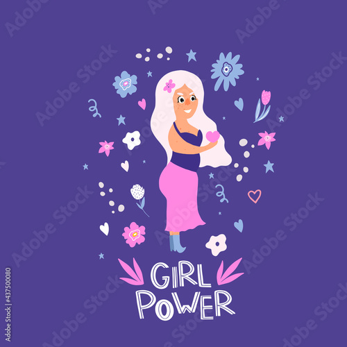 Plus-size woman. Girl Power. Feminism. Doodle style. The body is positive. A beautiful plump girl holds a heart in her hands. Love yourself. Love your body. Flat doodle style.