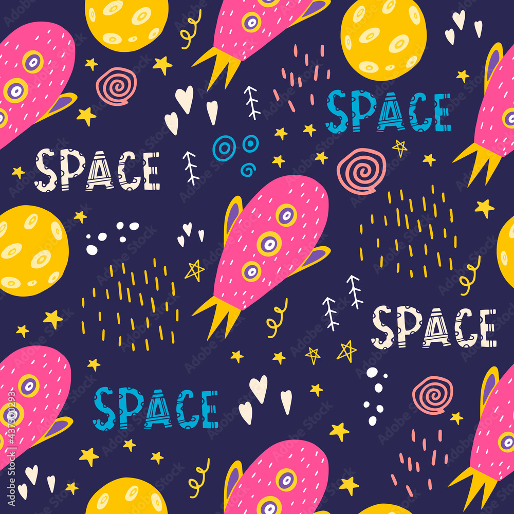 Seamless pattern with pink spaceship and moon. Vector illustration with space, stars, space objects, and a planet. Flat doodle style. Children's pattern with a flying machine for girls. Seamless pattern with pink spaceship and moon. Vector illustration with space, stars, space objects, and a planet. Flat doodle style. Children's pattern with a flying machine for girls.