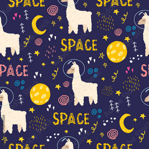 Seamless pattern with a llama in space with an inscription. Flat doodle style. Design of the children's room. Cute pattern with a traveling alpaca. Vector illustration with space, stars, lama, moon.