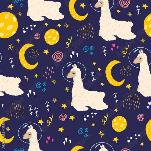 Seamless pattern with a llama in space. Vector illustration with space, stars, lama, moon. Flat doodle style. Design of the children's room. Cute pattern with an alpaca in the sky.
