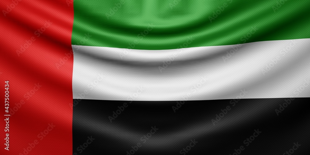 Hanging wavy national flag of United Arab Emirates with texture. 3d render.