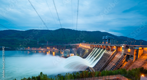 view of the hydroelectric dam, water discharge through locks photo