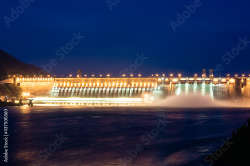 view of the hydroelectric dam, water discharge through locks