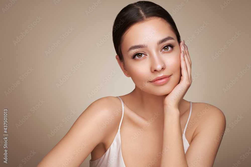 Portrait beautiful young woman with clean fresh skin. Model with healthy  skin, close up portrait. Cosmetology, beauty and spa Stock Photo