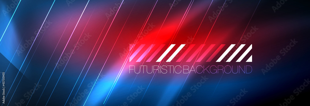 Fototapeta premium Neon glowing lines, magic energy and light motion background. Vector wallpaper template