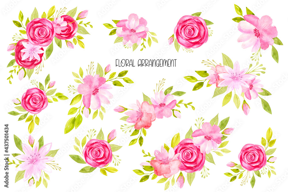 Watercolor floral arrangement collection. Pink flowers wedding bouquet. Card making set