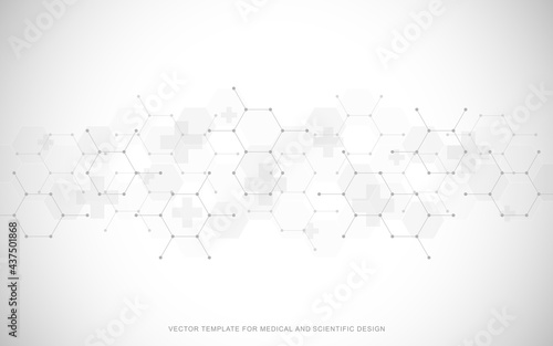 Healthcare medical background with hexagons pattern and crosses. Vector illustration for health care and medicine design, pharmaceutical manufacturing, and industry.