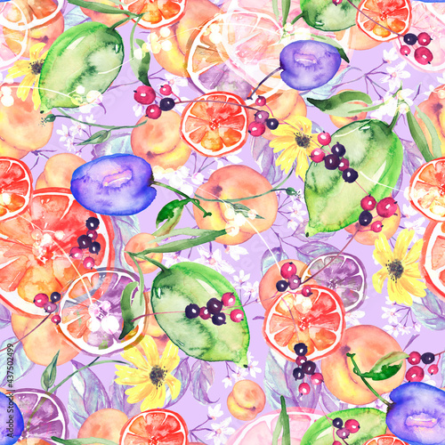 watercolor pattern - flowers, branch, peach, apricot, plum. Lemon branch, lime, orange. Vintage pattern. A floral pattern with fruits, twigs. calendula flower, sunflower.Branch with berries, currant