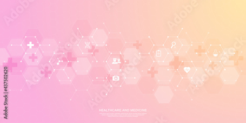 Medical background and healthcare technology with flat icons and symbols. Design template of concept and idea for health care business, innovation medicine, health safety, science. Vector illustration