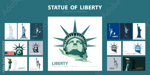 Statue of Liberty set of green design templates. Banner, geometric colorful flat design. Welcome to New York. Booklet, album poster. Ad text name. X-banner. Information banner, vector illustration

