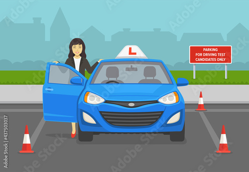 Happy businesswoman or student leaning on the car door. Female driver front view. Back into a parking lot. Driving lesson. Flat vector illustration template.