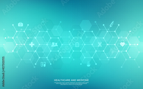 Medical background and healthcare technology with flat icons and symbols. Concept and idea for health care business, innovation medicine, health safety, science, medical research, and development.