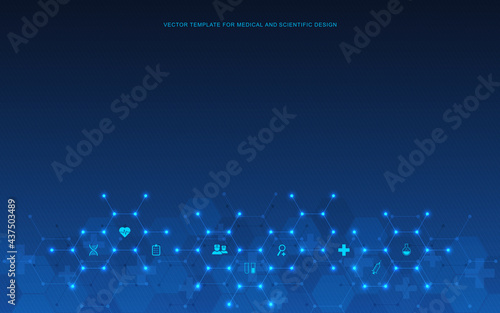 Vector illustration of healthcare and technology concept with flat icons and symbols. Template design for health care business, innovation medicine, pharmaceutical industry, science, medical research.