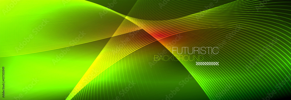 Abstract neon glowing light in the dark with waves. Shiny magic energy and motion concept, vector abstract wallpaper background Abstract neon glowing light in the dark with waves. Shiny magic energy and motion concept, vector abstract wallpaper background
