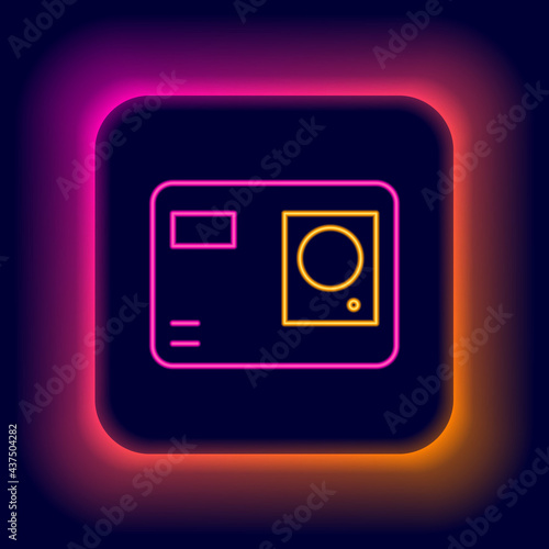 Glowing neon line Action extreme camera icon isolated on black background. Video camera equipment for filming extreme sports. Colorful outline concept. Vector