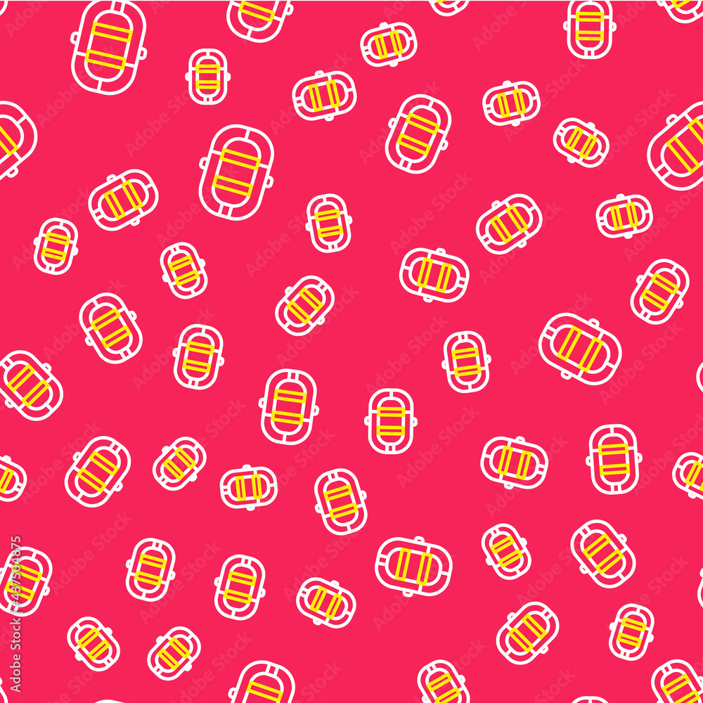 Line Rafting boat icon isolated seamless pattern on red background. Inflatable boat. Water sports, extreme sports, holiday, vacation. Vector Line Rafting boat icon isolated seamless pattern on red background. Inflatable boat. Water sports, extreme sports, holiday, vacation. Vector