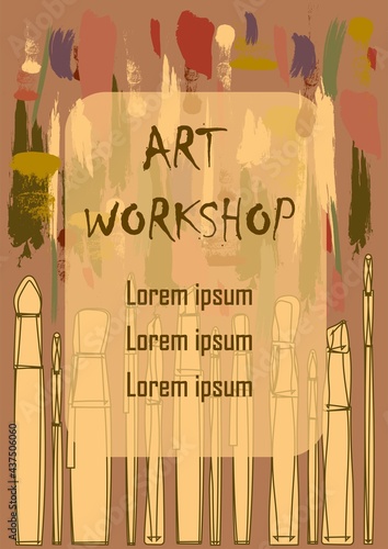 Art painting workshop banner template flyer. Flat vector illustration. Poster for event, workshop, course for web, online class. Drawing with right side of the brain