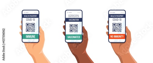 Multiethnic human hands holding smartphones with an immune Covid-19 result on the app. Vaccinated, immune, vaccination certificate, no immunity. Digital health passport with qr code. New reality.
