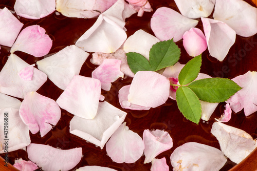 Damask rose petals floating on the water in the spa bath. photo