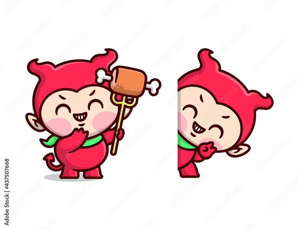 CUTE KID IN RED DEVIL COSTUME AND HOLDING A TRIDENT WITH MEAT CARTOON MASCOT DESIGN SET. CUTE KID IN RED DEVIL COSTUME AND HOLDING A TRIDENT WITH MEAT CARTOON MASCOT DESIGN SET.