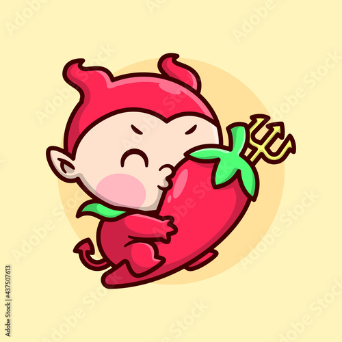 CUTE KID IN RED DEVIL COSTUME IS RIDING A BIG RED CHILI AND KISSING IT. HIGH QUALITY CARTOON MASCOT DESIGN.