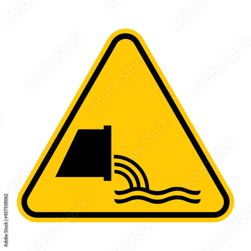 Sewage effluent outfall sign. Vector illustration of yellow triangle warning sign with sewer pipe icon inside. Flow of discharged water and unhygienic material. Safety symbol. Caution. photo